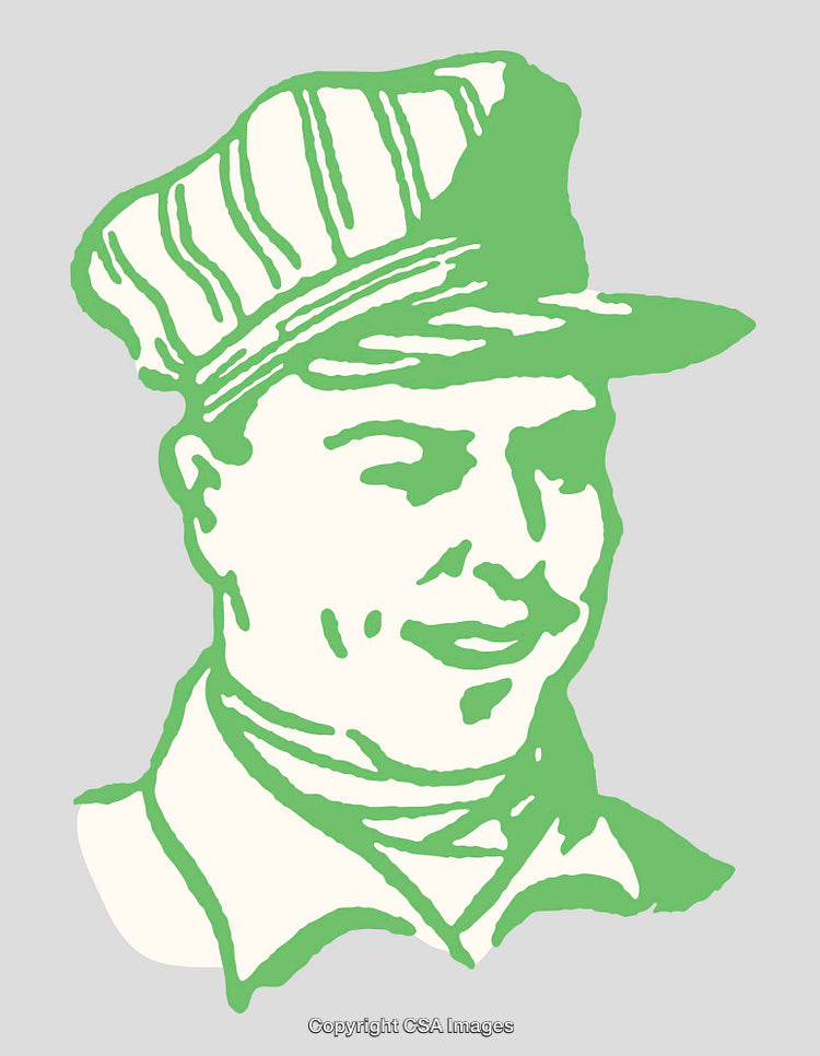 Vintage Style Line Art Drawing of Man in Green and White