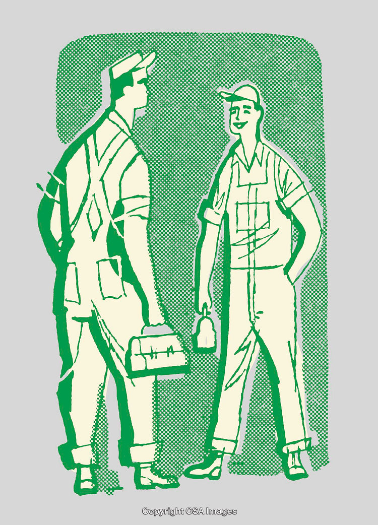Retro Illustration of Two Workers Having a Conversation in Uniform