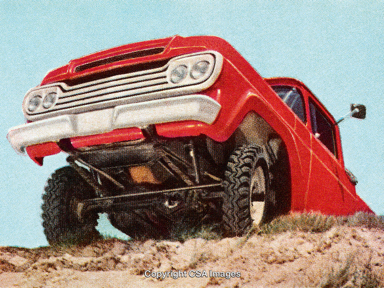 Red Off-Road Vehicle on Rugged Terrain in Vintage Printed Style