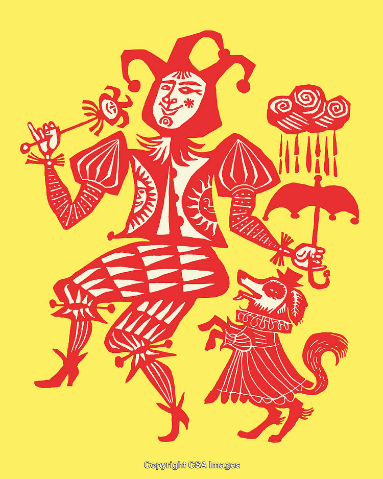 Colorful Jester Illustration with a Playful Dog Companion on Yellow Background