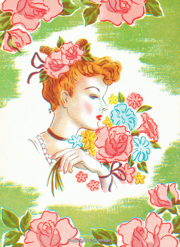 Vintage Illustration of Woman with Roses and Floral Bouquet on Green Background
