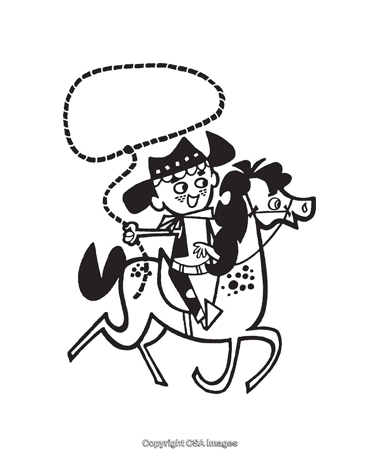 Cheerful Cowboy Riding a Spotted Horse With a Lasso in Action