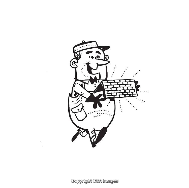 Black and White Line Art of a Cheerful Worker Holding a Brick