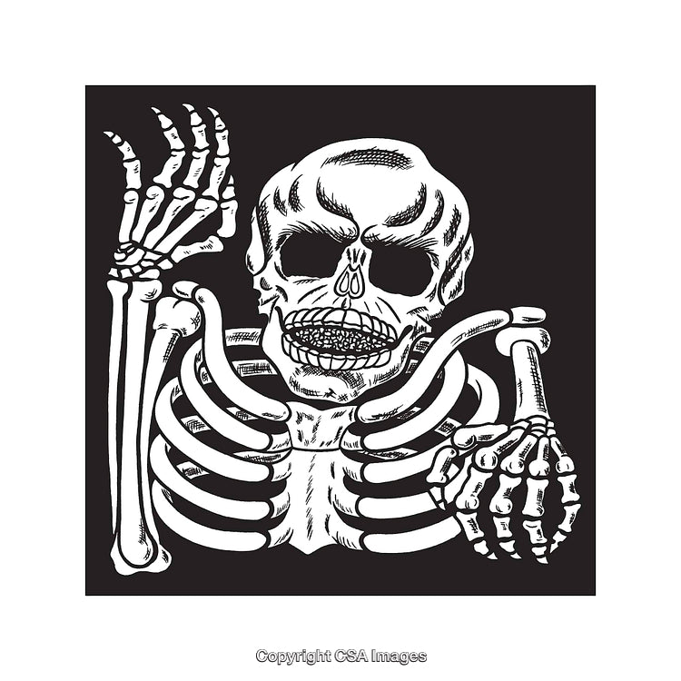 Black and White Line Art of a Skeleton with Raised Hand