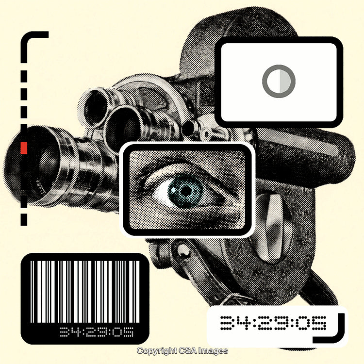 Surreal Collage Featuring Camera, Eye, and Barcode Design