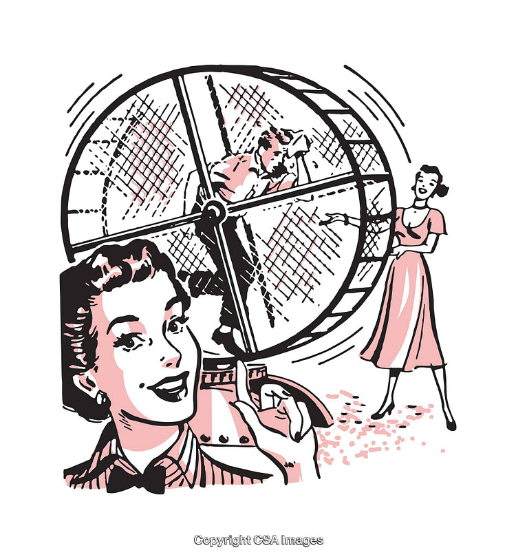 Retro Style Illustration of a Humorous Scene with a Giant Hamster Wheel