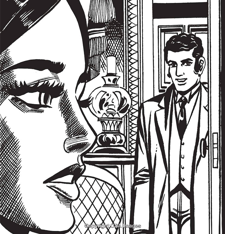 Black and White Retro Illustration of a Couple with Vintage Elements and Details