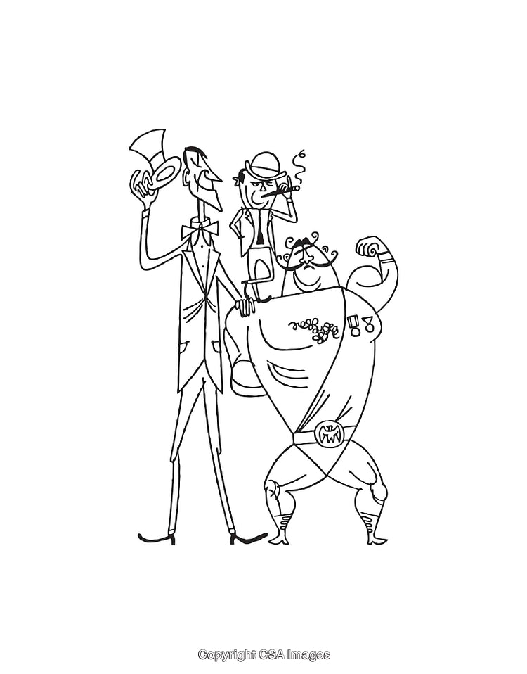 Black and White Line Art of Three Distinctive Characters in Playful Poses