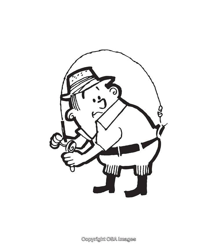 Black and White Line Illustration of a Character with Fishing Gear