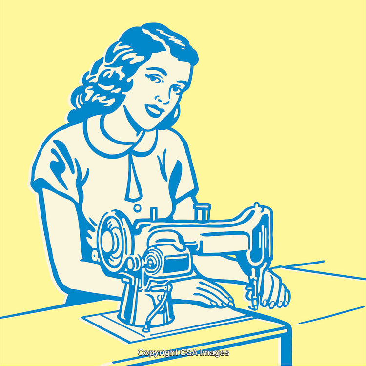 Vintage Style Illustration of a Woman Using a Sewing Machine