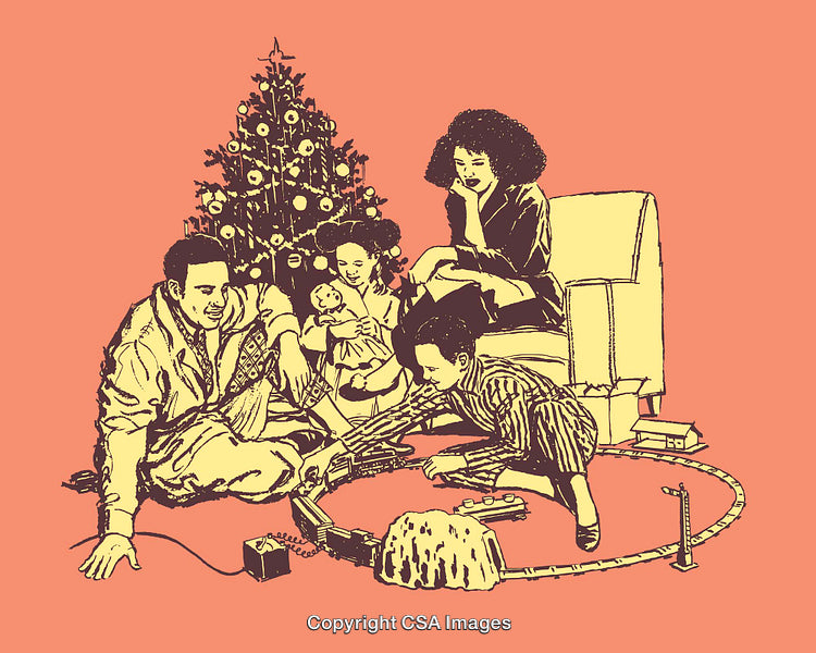 Family Enjoying Christmas Morning Together with Train Set and Tree
