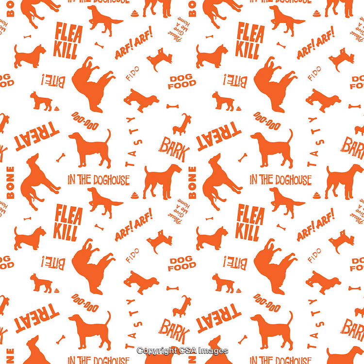 Playful Dog-Themed Pattern Design with Words and Icons in Orange