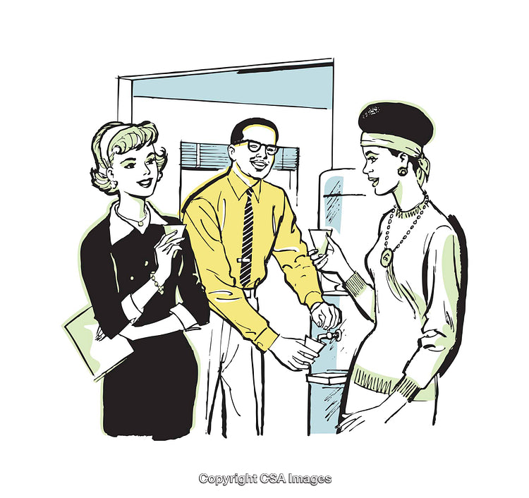 Vintage Office Staff by Water Cooler in Retro Illustration Style