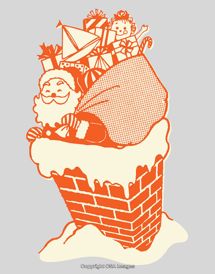 Christmas Line Art of Santa Delivering Gifts through a Snowy Chimney