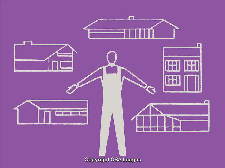Illustration Depicting a Person with Various House Types on Purple Background