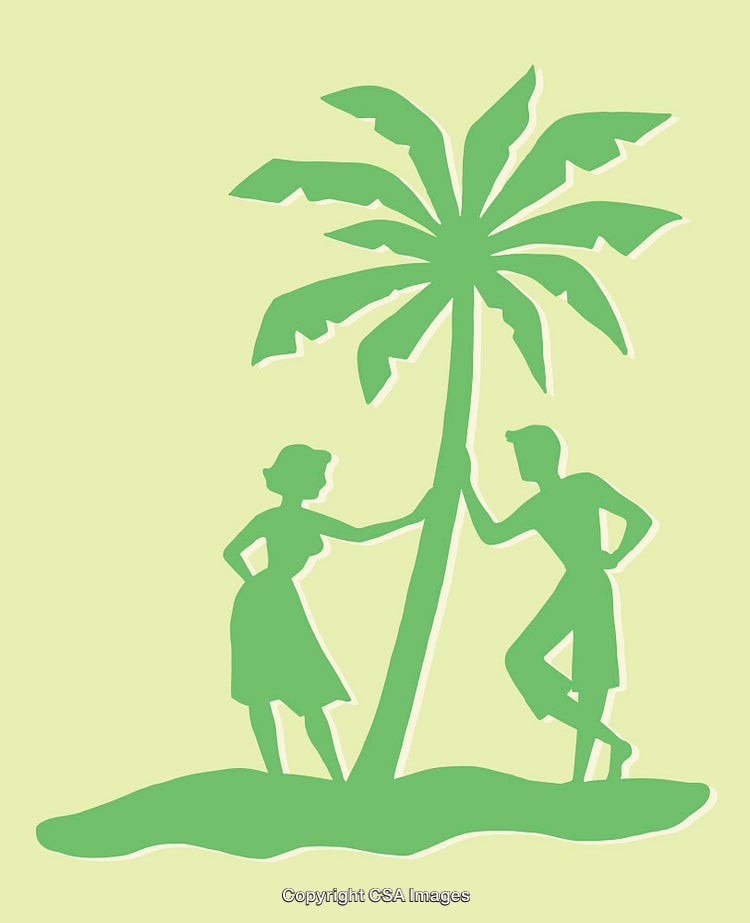 Vintage Styled Illustration of Couple Relaxing by a Tropical Palm Tree