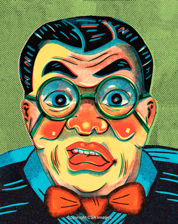Colorful Vintage Cartoon Illustration of Surprised Retro Character With Glasses