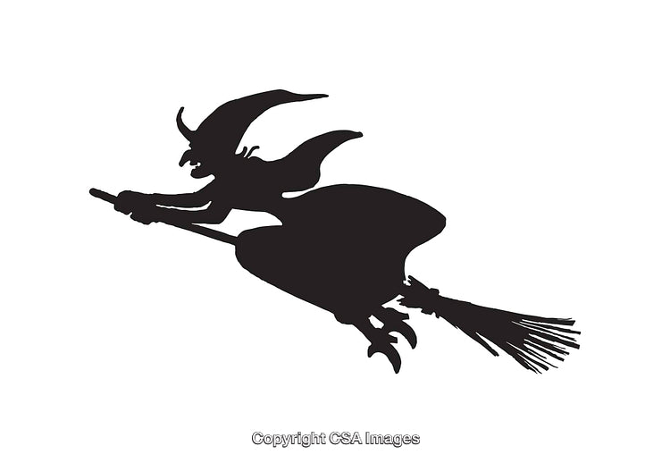 Black and White Silhouette of a Witch Flying on a Broomstick