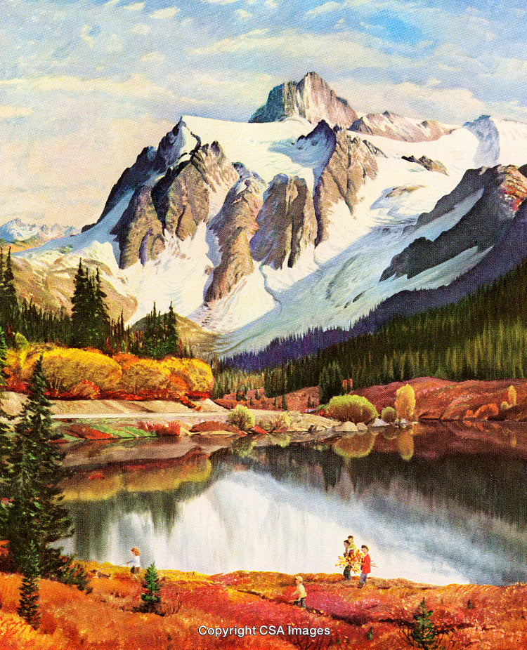 Picturesque Mountain Scene With Lake, Snowcapped Peaks, and Vibrant Autumn Foliage