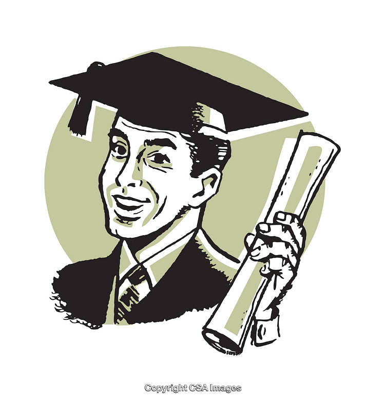 Retro Illustration of a Graduate Holding a Diploma in a Cap and Gown