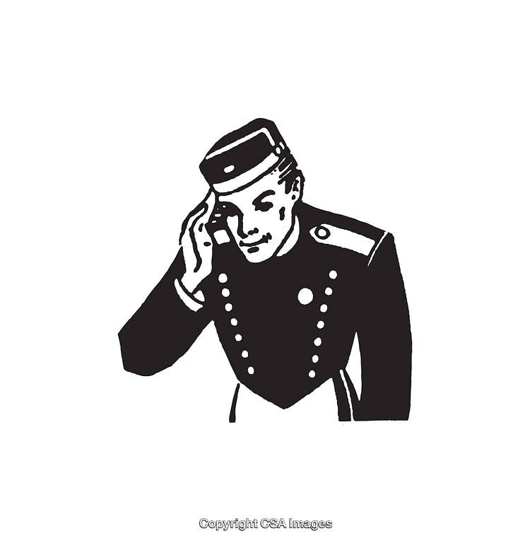 Black and White Illustration of a Bellhop in Uniform Saluting