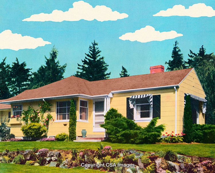 Bright Yellow Mid-Century Home with Lush Garden and Blue Sky