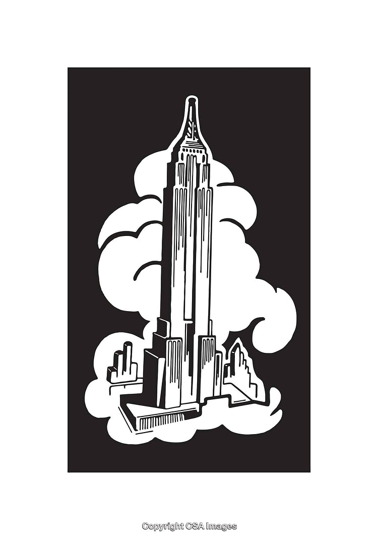 Black and White Outline Illustration of a Tall Skyscraper Surrounded by Clouds