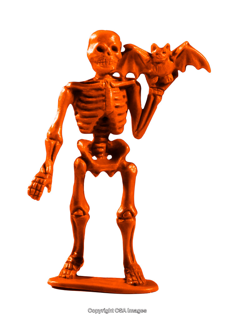 Orange Skeleton Toy Holding Bat Figure Posing on White Background