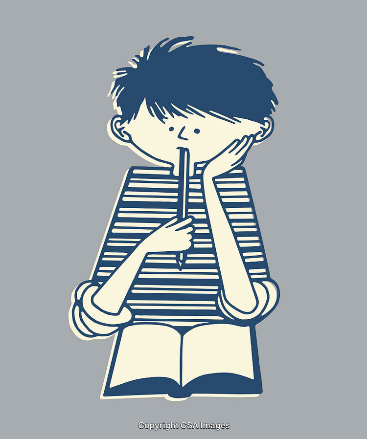 Thoughtful Boy Holding Pencil and Open Book Illustration
