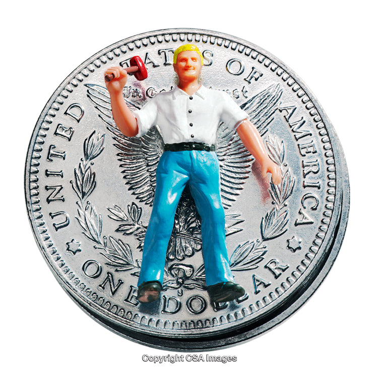 Miniature Figure of Workman on US Dollar Coin Symbolizing Economy and Labor