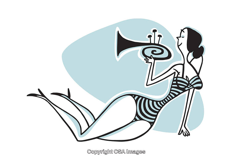 Stylized Illustration of a Musical Performance Showcasing a Woman with a Trumpet
