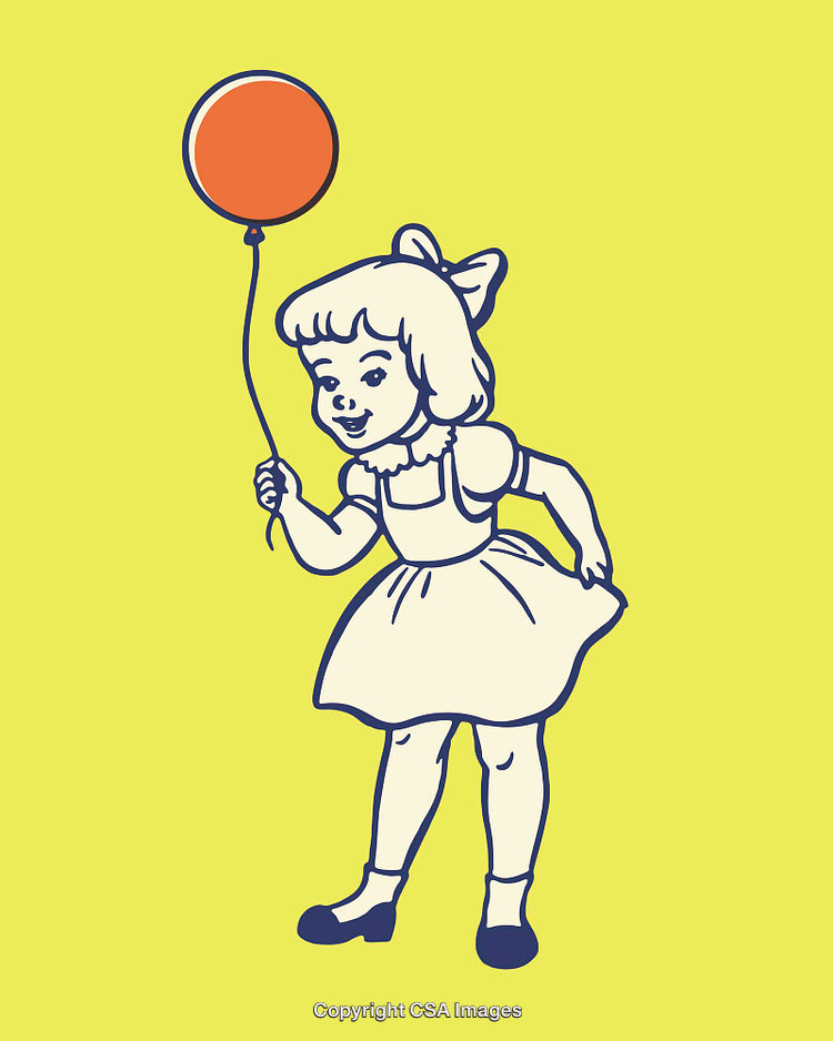 Retro Line Art Illustration of a Girl Holding a Balloon