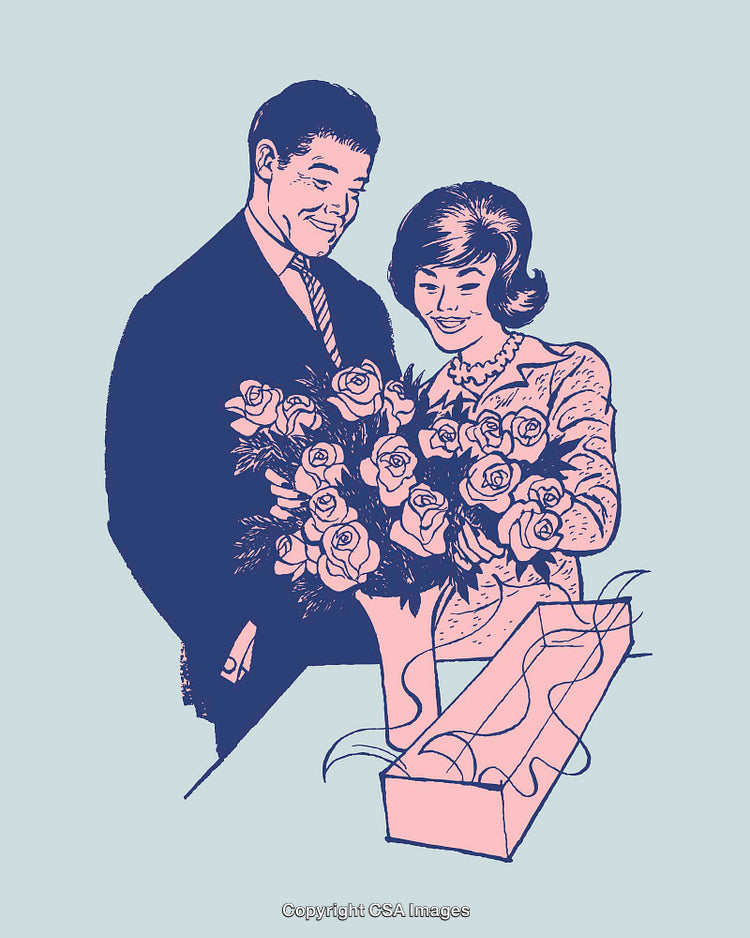 Elegant Line Art Illustration of a Couple Admiring a Bouquet of Flowers