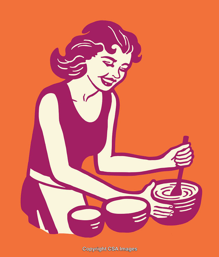 Retro Illustration of a Woman Mixing Ingredients in Vibrant Colors