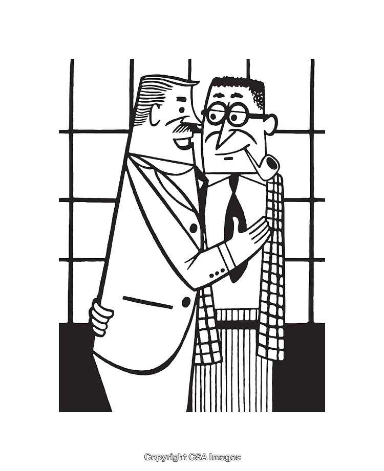 Black and White Illustration of Two Colleagues in a Friendly Embrace