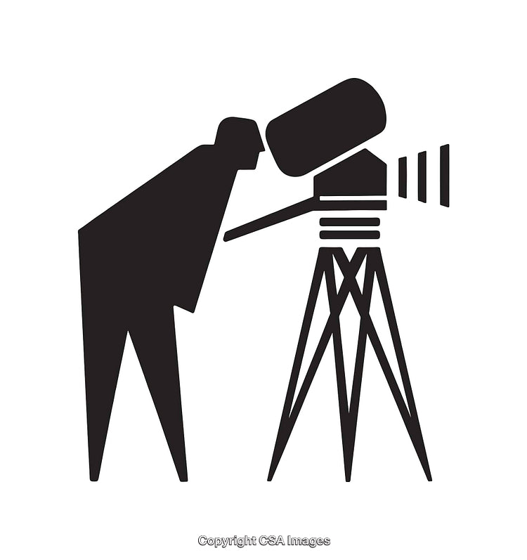 Illustration of Filmmaker Using Vintage Camera on Tripod in Black and White