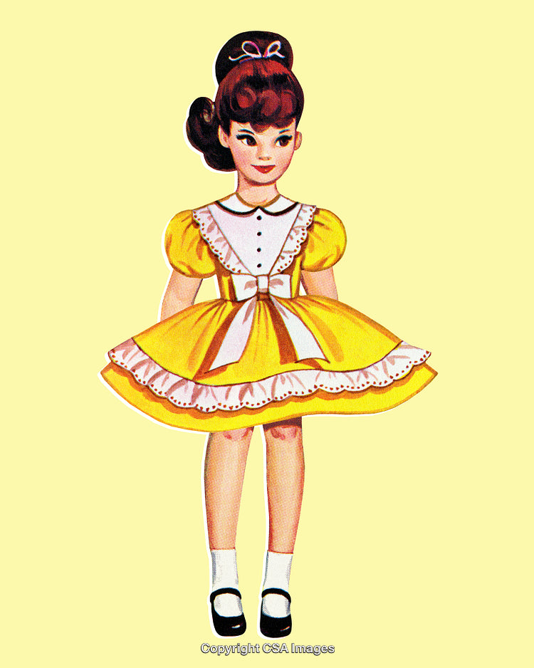 Vintage Illustration of a Girl in a Yellow Dress with Lace Details