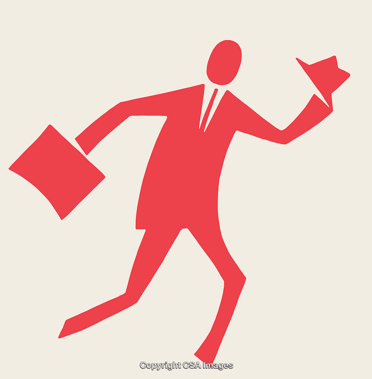 Red Silhouette of a Businessperson with Briefcase and Hat in Motion