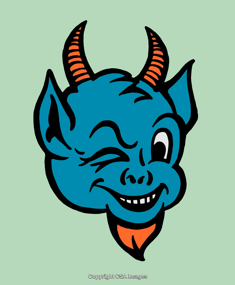 Playful Blue Devil Illustration in Cartoon Style With Orange Horns