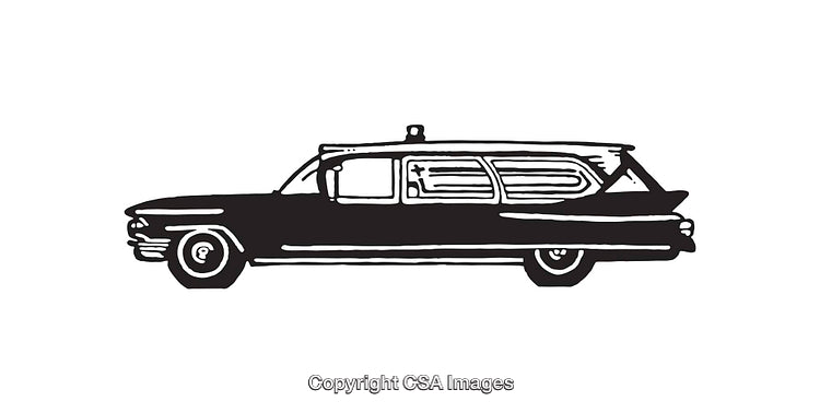 Vintage Black And White Line Art of a Classic Hearse Vehicle