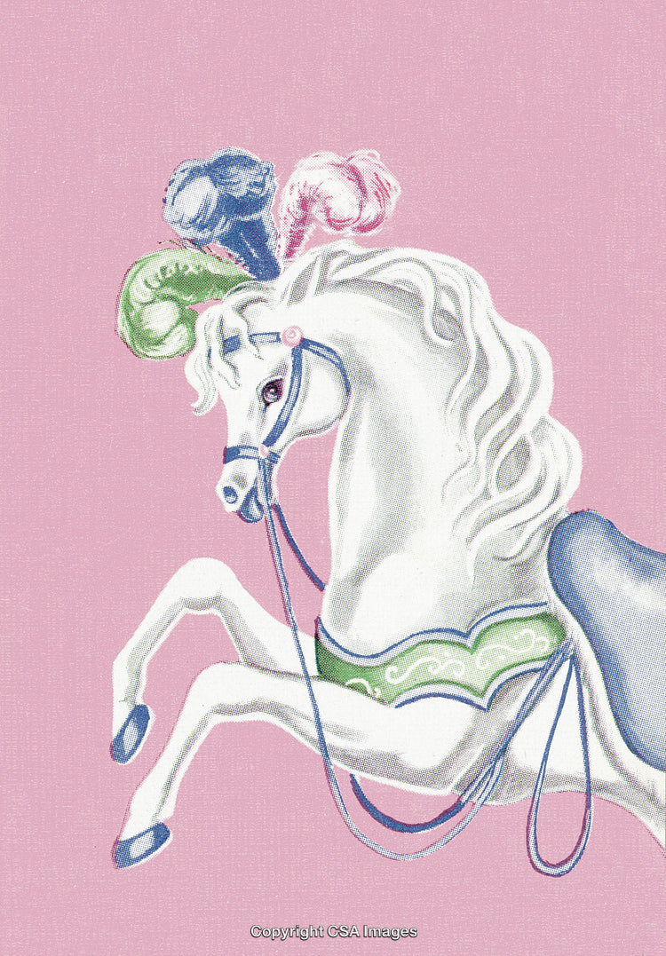 Decorative Carousel Horse with Feathers in a Whimsical Style on Pink Background