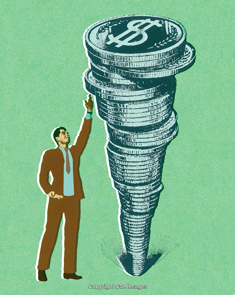 Businessman Reaching Towards a Stack of Coins Representing Financial Success