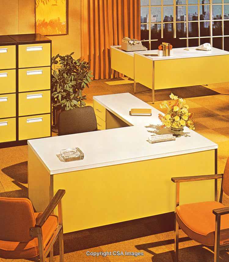 Retro Office Interior with Yellow Furniture and Decorative Elements