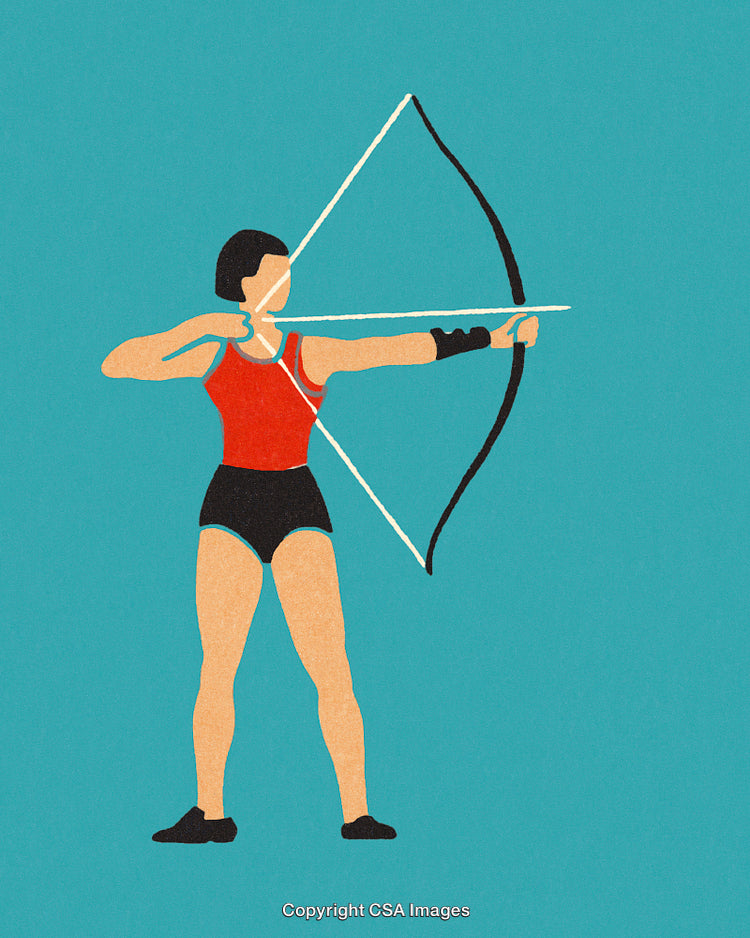 Female Archer Aiming Bow and Arrow in Focused Stance