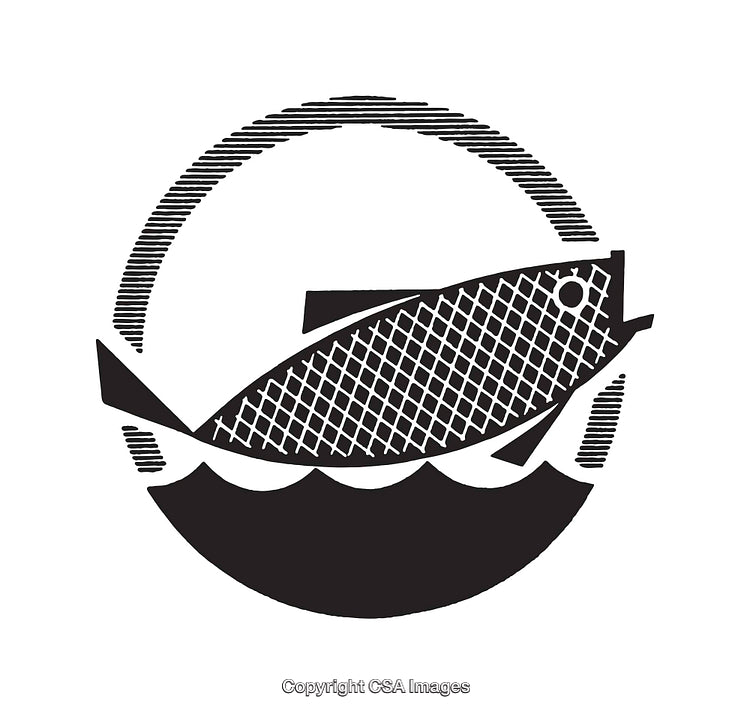 Black and White Stylized Fish and Waves Circular Illustration