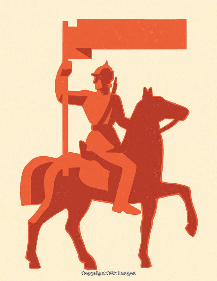 Silhouette of a Horseman Carrying a Flag in a Bold Graphic Style