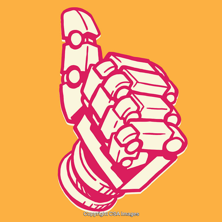Robotic Hand Illustration on Vibrant Yellow Background in Digital Line Art Style