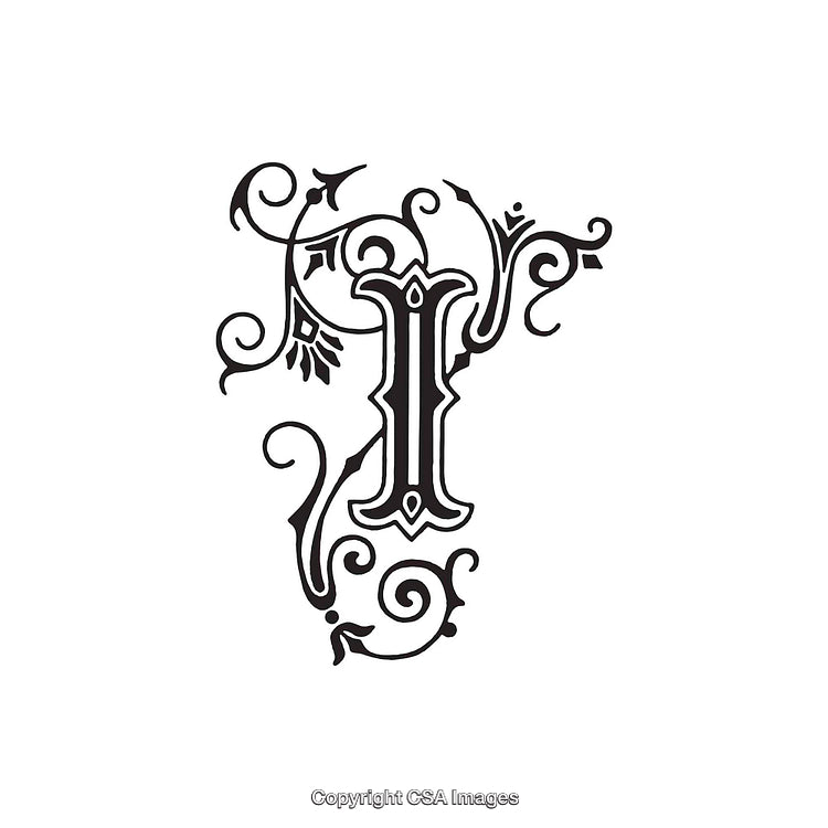 Ornamental Letter I with Decorative Swirls and Floral Patterns