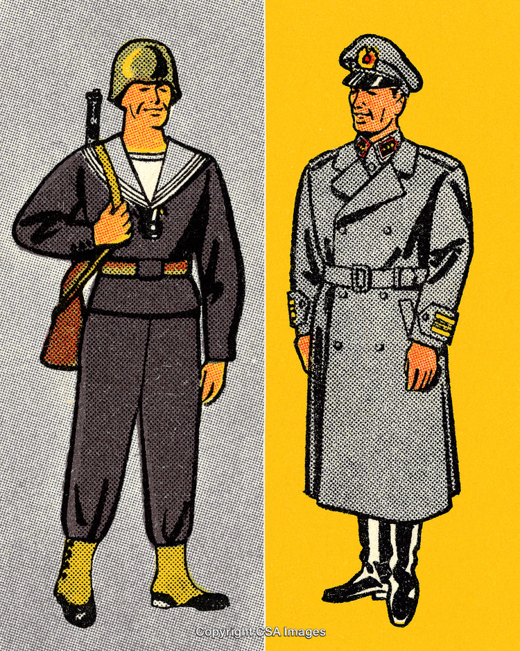 Vintage Comic Style Illustrations of Two Military Uniforms
