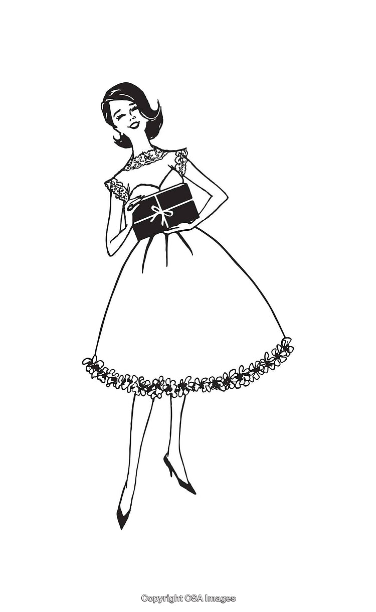 Vintage Style Illustration of Woman Holding Gift in Black and White